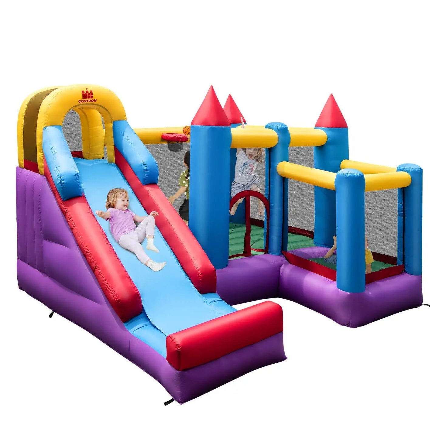 Costzon 5-in-1 inflatable bounce house with slide, blue and yellow castle towers, purple base on Tampa Home & Garden Store