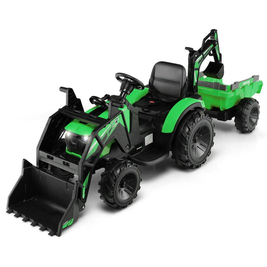 12V 3 in 1 Ride on Excavator with Shovel, green toy with front loader bucket and rear digging arm on Tampa Home & Garden Store