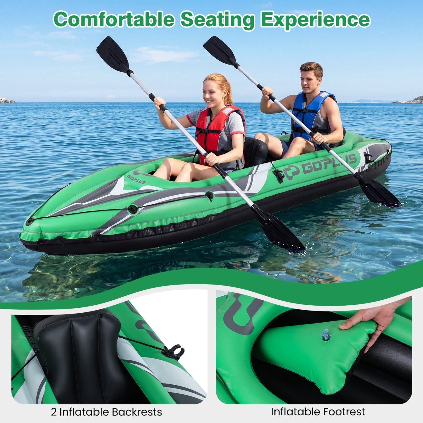 GemGear inflatable kayak 2-person, 11.5 ft with aluminum paddles, green/gray on Tampa Home & Garden Store