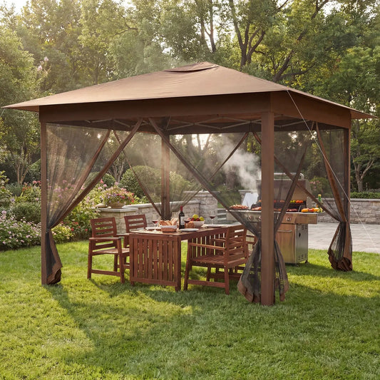 Pop Up Canopy Tent with mesh screen netting, brown 11.5 ft DirectDeals canopy over dining setup on Tampa Home & Garden Store