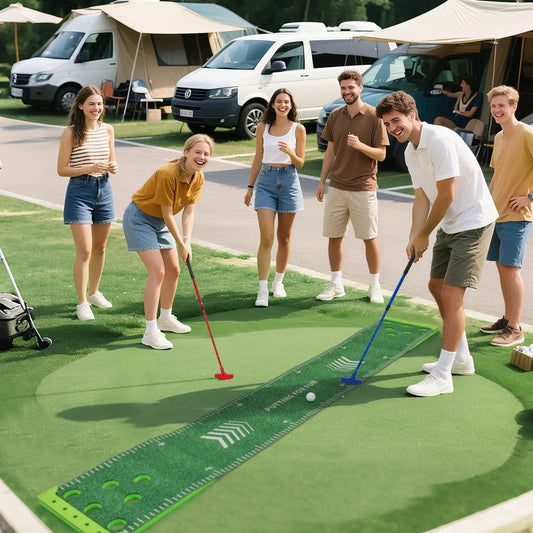11 ft Putting Green Mat with 2 putters and 6 balls at an outdoor campsite on Tampa Home & Garden Store