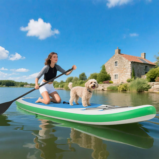 11 Feet Premium Inflatable SUP Paddle Board with blue deck and green edge; paddling with dog on Tampa Home & Garden Store