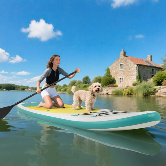 11 Feet Inflatable Stand Up Paddle Board with teal hull and yellow deck; rider and dog on Tampa Home & Garden Store