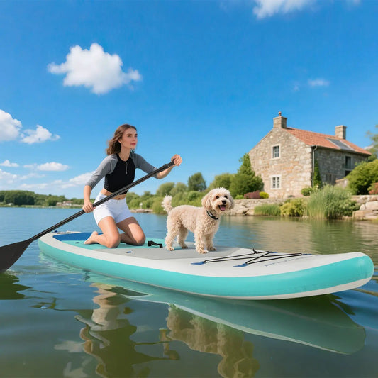 11 Feet Premium Inflatable SUP with Accessories aqua blue board with paddler and dog on Tampa Home & Garden Store