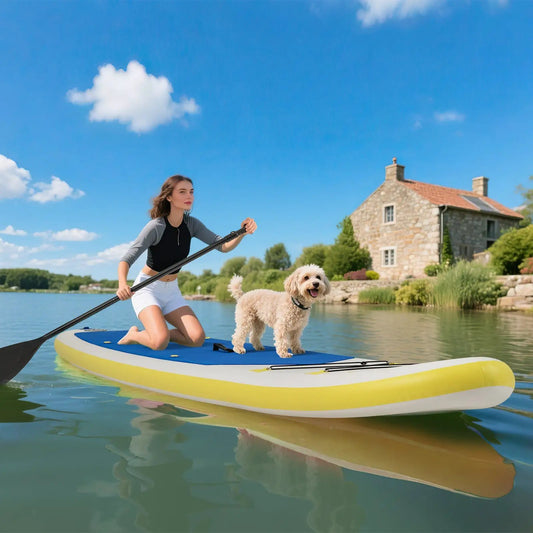 11 Feet Premium Inflatable SUP incl Accessories, blue deck with yellow edge on lake with dog on Tampa Home & Garden Store