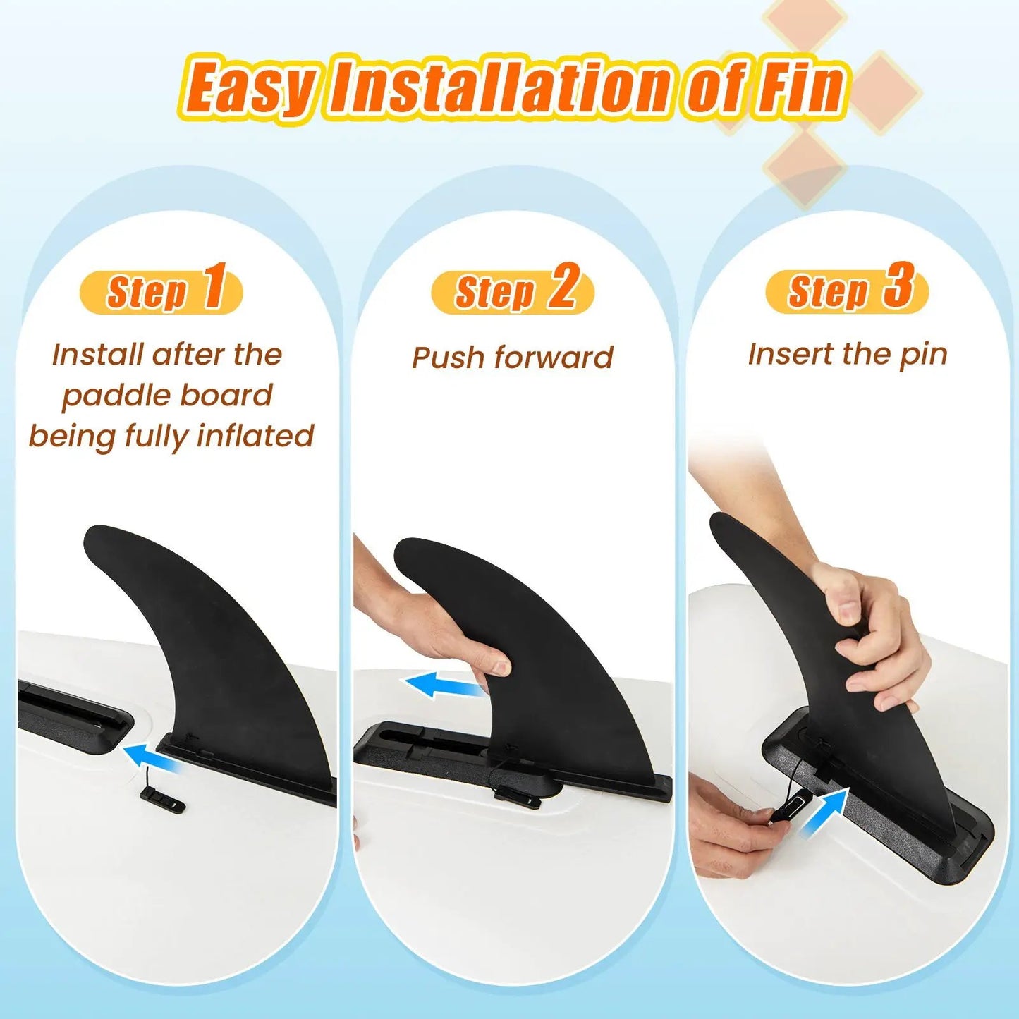 11 Feet Premium Inflatable SUP Paddle Board with three-step fin installation illustration on Tampa Home & Garden Store