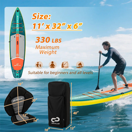 11 ft inflatable stand up paddleboard with kayak seat, GOPLUS teal/orange deck, 330 lb max on Tampa Home & Garden Store