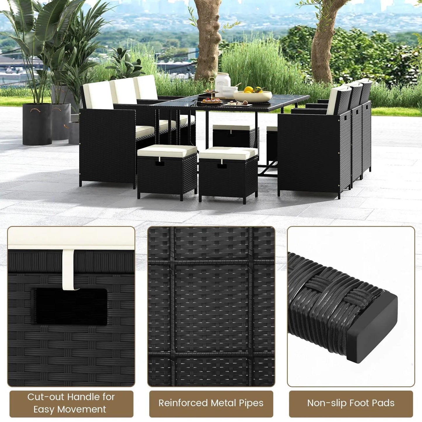 11-Piece Outdoor Dining Set with glass-top table, black wicker and white cushions DirectDeals on Tampa Home & Garden Store