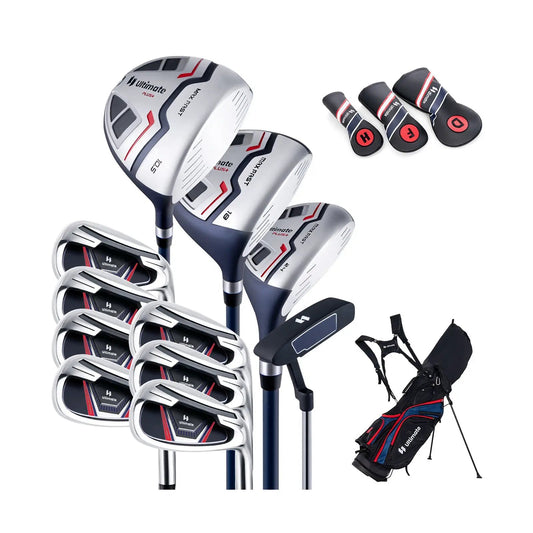 11-piece Ultimate blue golf club set with drivers, irons, headcovers and a stand bag on Tampa Home & Garden Store