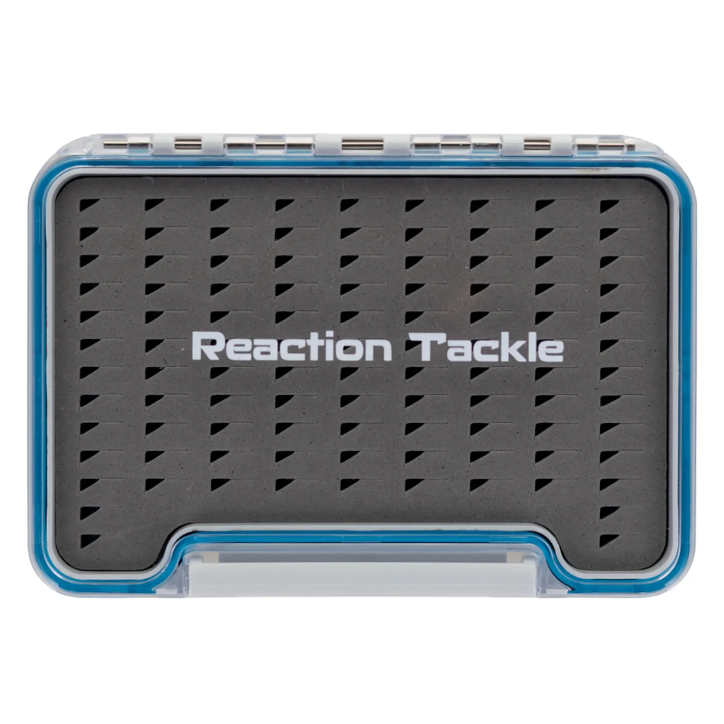 Reaction Tackle ice fishing jig storage case with blue trim and gray foam insert on Tampa Home & Garden Store