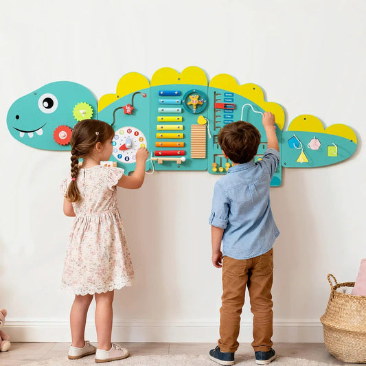 11 in 1 Dinosaur Activity Busy Board for Toddlers DirectDeals teal wall panel with gears on Tampa Home & Garden Store