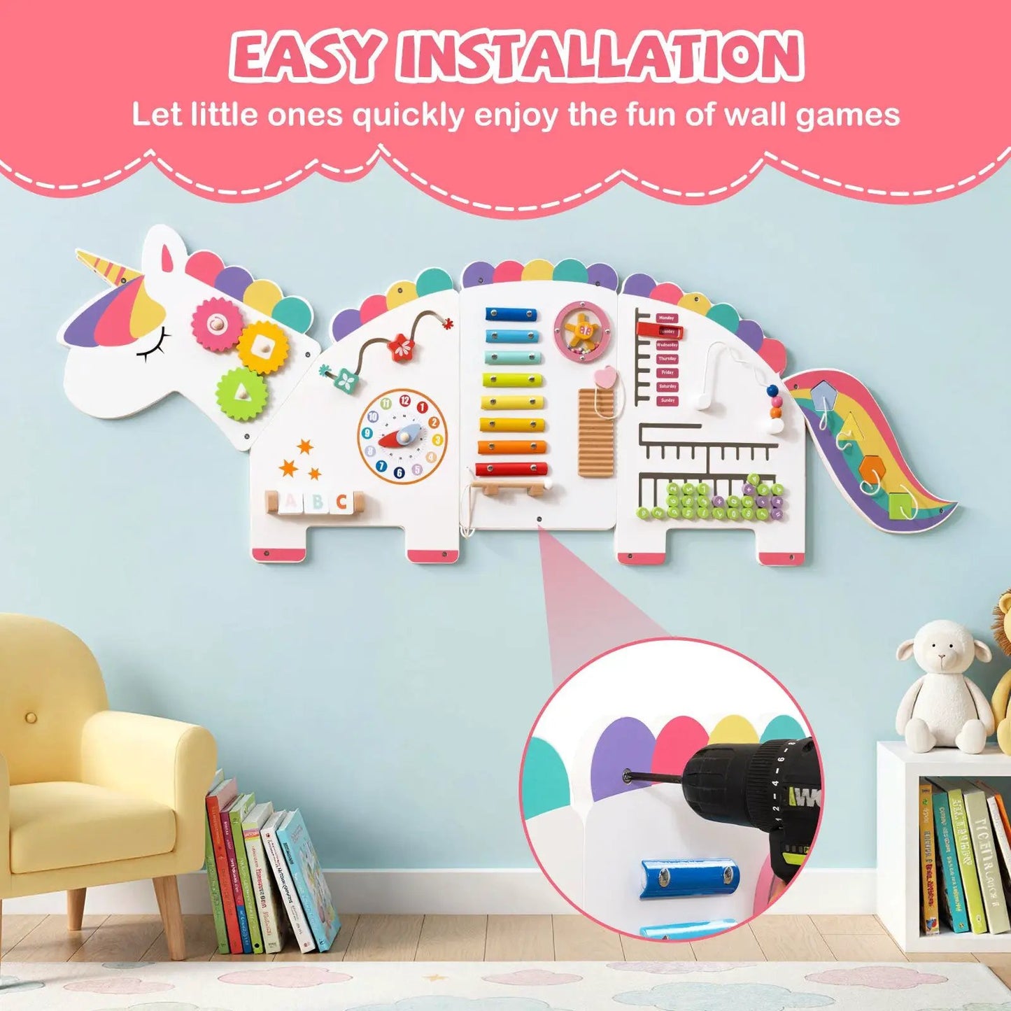 11 in 1 Dinosaur Busy Board for Toddlers, wall-mounted activity center with gears and clock on Tampa Home & Garden Store