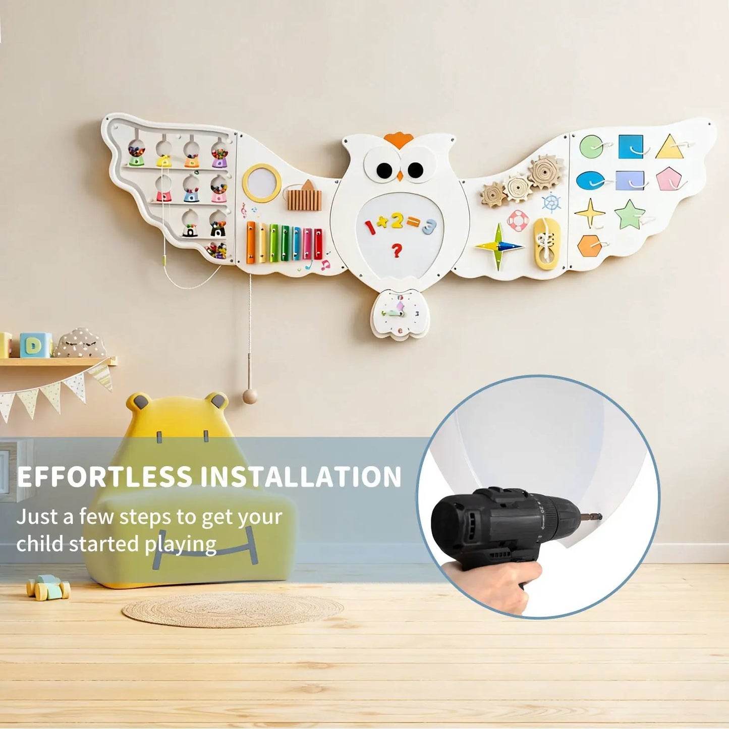 11-in-1 Toddler Owl Wall Activity Center DirectDeals xylophone bars and gears on Tampa Home & Garden Store