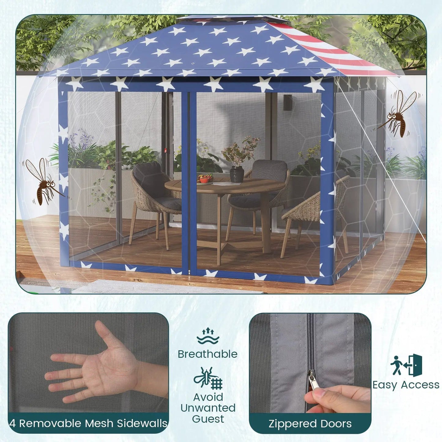 11 x 11 ft pop up gazebo tent with blue star pattern and mesh sidewalls on Tampa Home & Garden Store