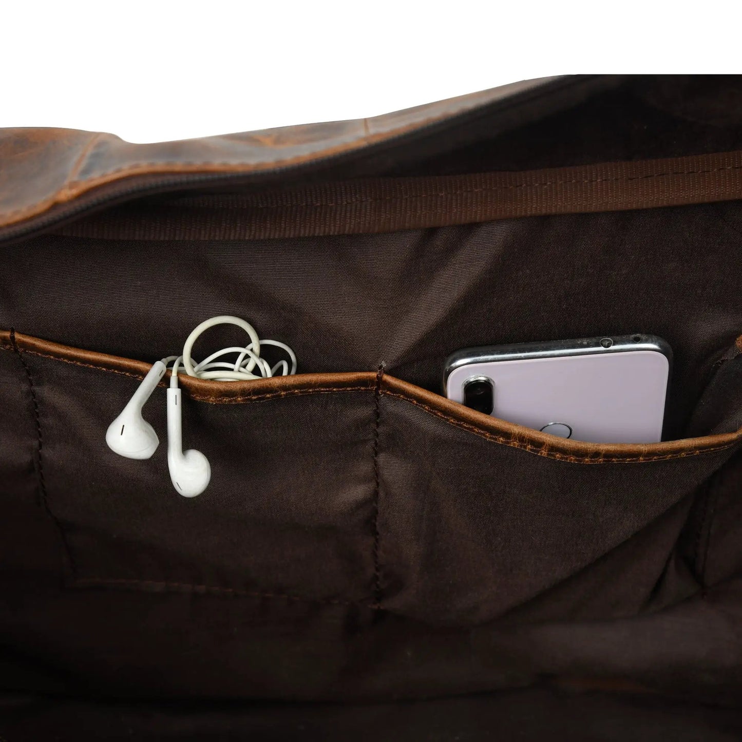 Stellan buffalo leather travel duffel bag interior with brown trim and dark lining on Tampa Home & Garden Store