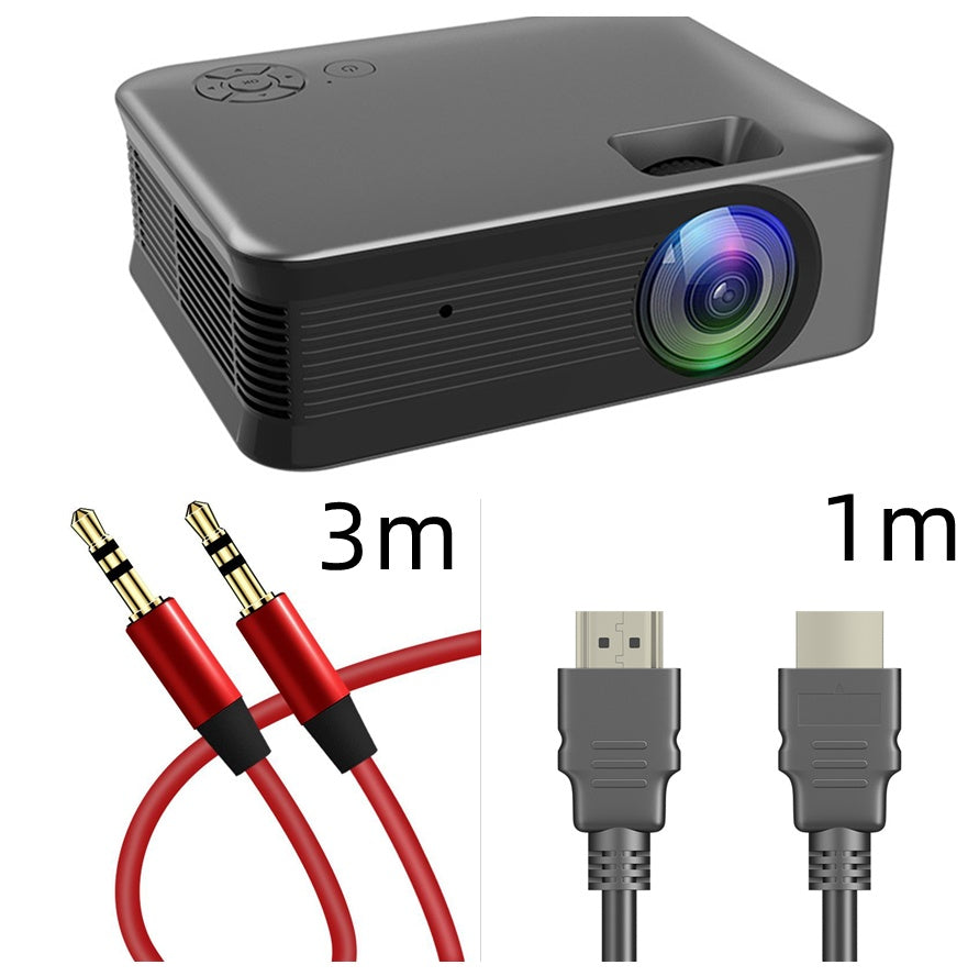 Portable mini projector My Store gray body with lens, 3m red audio cable, 1m USB/HDMI leads on Tampa Home & Garden Store