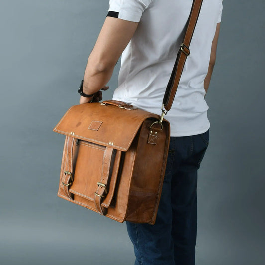 MaheTri Big Pocket Messenger Bag Tan Brown leather with front pocket by Classy Leather Bags on Tampa Home & Garden Store