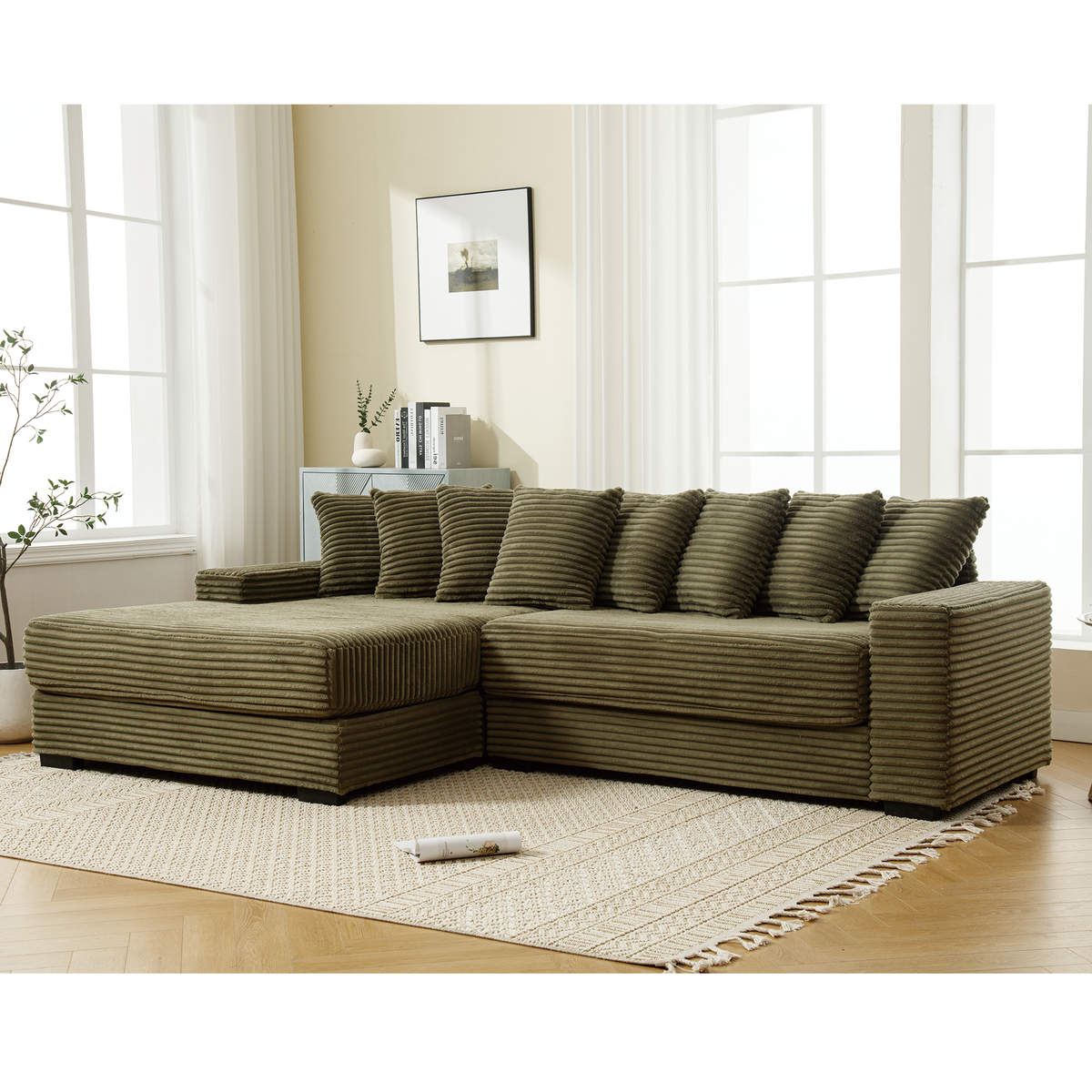 Oversized two-piece corduroy sofa with left chaise daybed in brown fabric on Tampa Home & Garden Store
