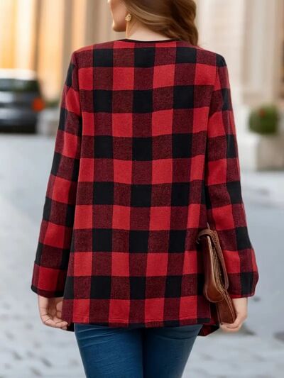 Elegant plaid open-front jacket red and black check, lightweight breathable Stevvex coat on Tampa Home & Garden Store