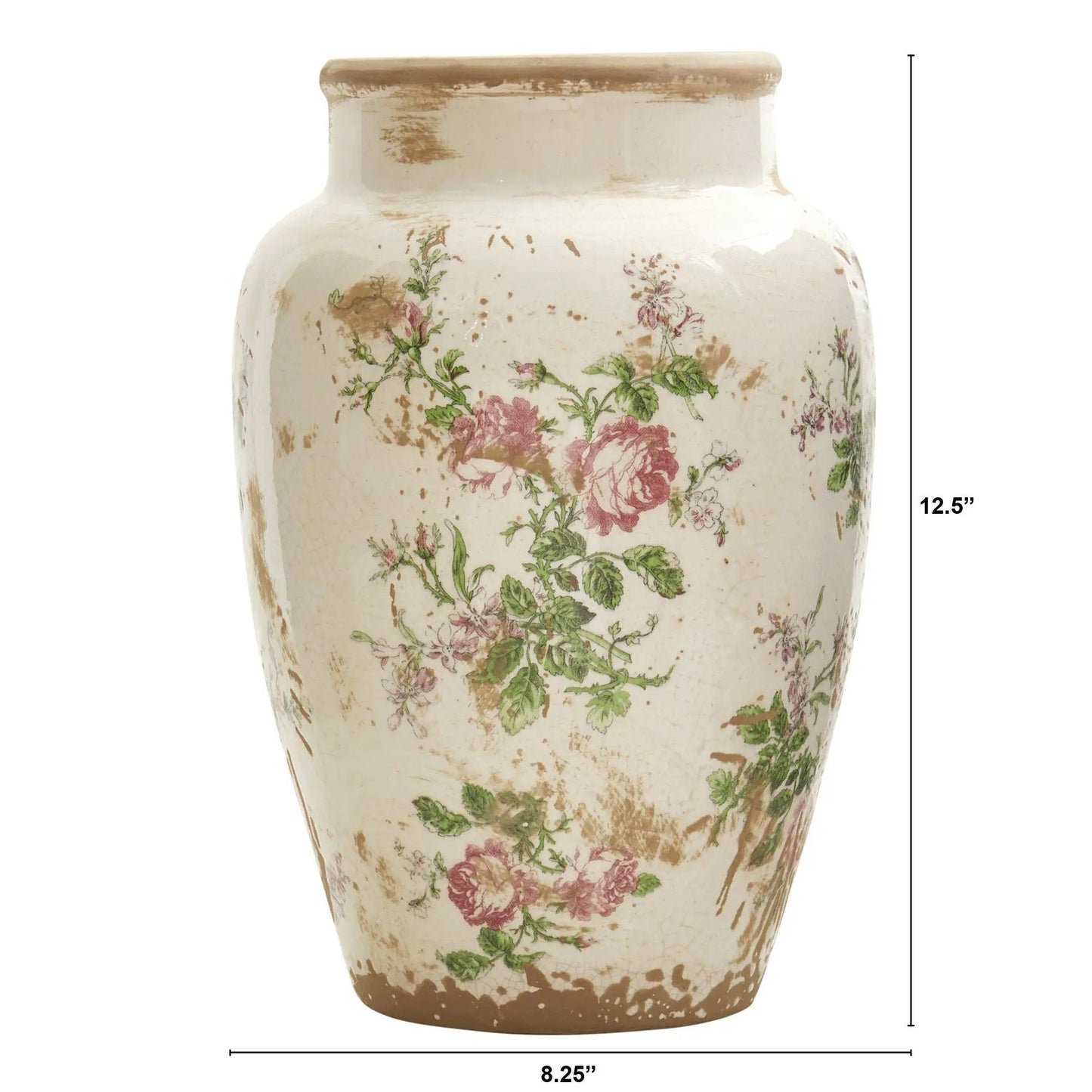 12.5 Inch Tuscan ceramic floral print vase with distressed white finish on Tampa Home & Garden Store