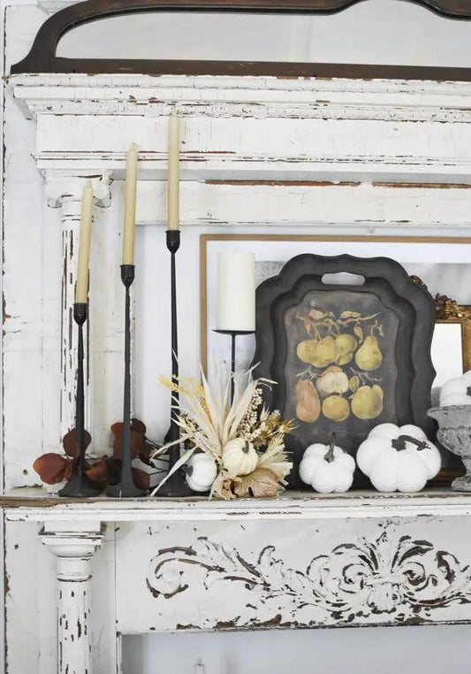 Autumn Harvest and Pumpkin Fall Candle Holder candelabrum with cream tapers white pumpkins on Tampa Home & Garden Store