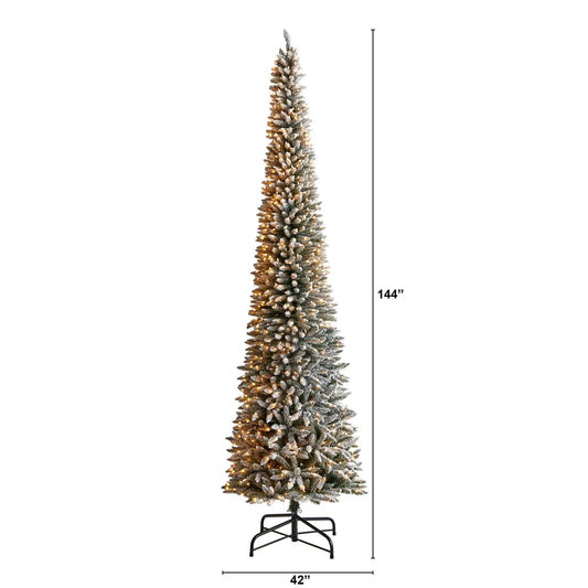 12 ft flocked pencil Christmas tree with 1000 clear lights on a black metal stand on Tampa Home & Garden Store