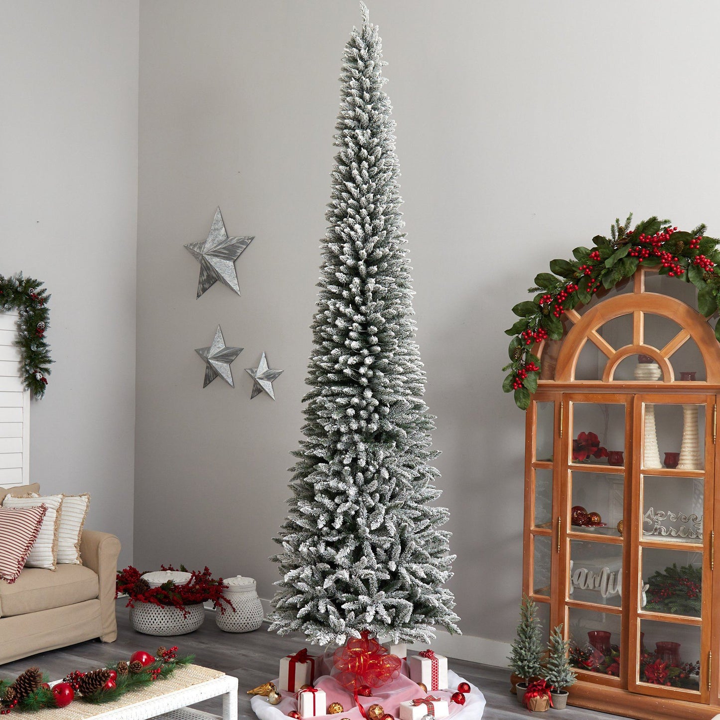 12’ Flocked Pencil Artificial Christmas Tree with 1000 Clear Lights and 1819 Bendable Branches - Tampa Home & Garden Store