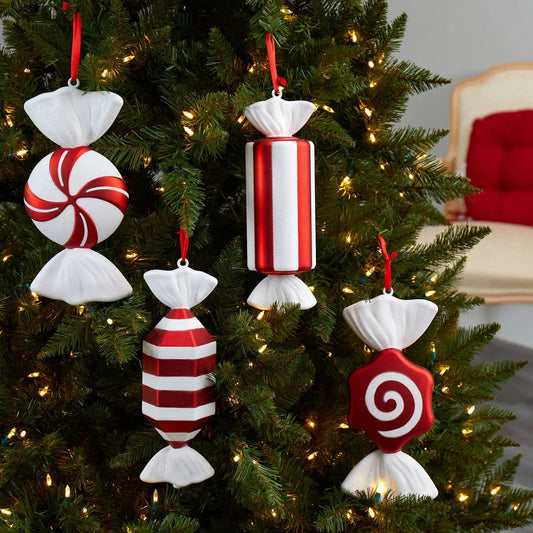 12in candy ornament set of 4 with red/white stripes and white shapes on a Christmas tree on Tampa Home & Garden Store