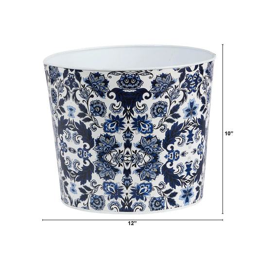 12” Oriental Blue and White Classic Round Metal Planter - Tampa Home & Garden Store