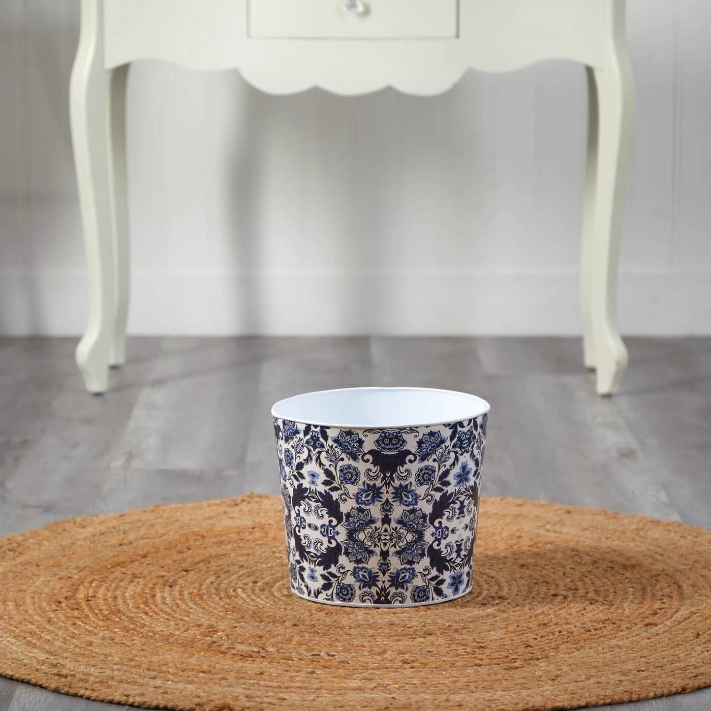 12 inch blue and white metal planter with intricate floral motif on Tampa Home & Garden Store