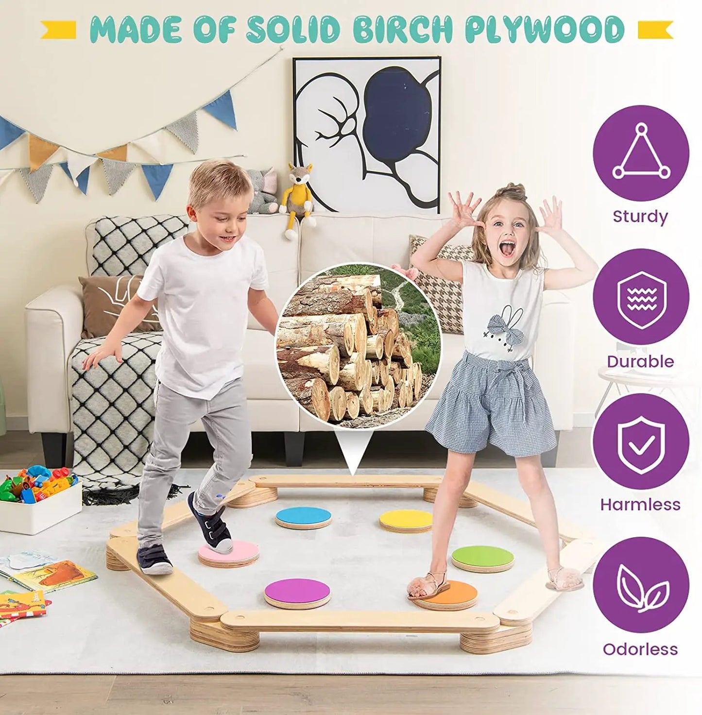12-Piece Kids Wooden Balance Beam with Colorful Steeping Stones - Tampa Home & Garden Store