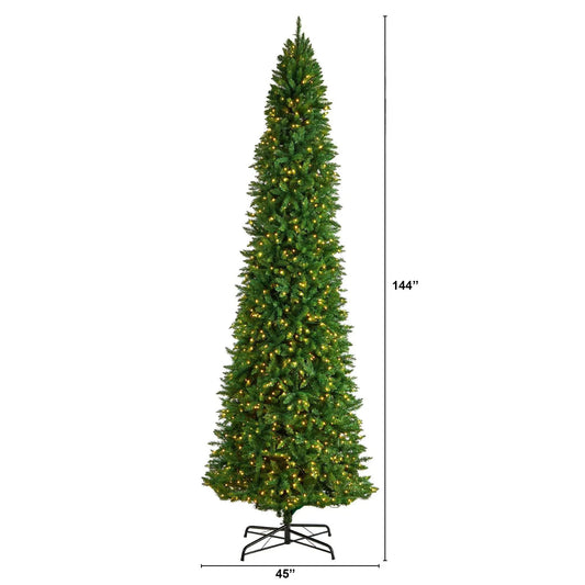 Slim Green Mountain Pine artificial Christmas Tree with warm white LED lights on stand on Tampa Home & Garden Store