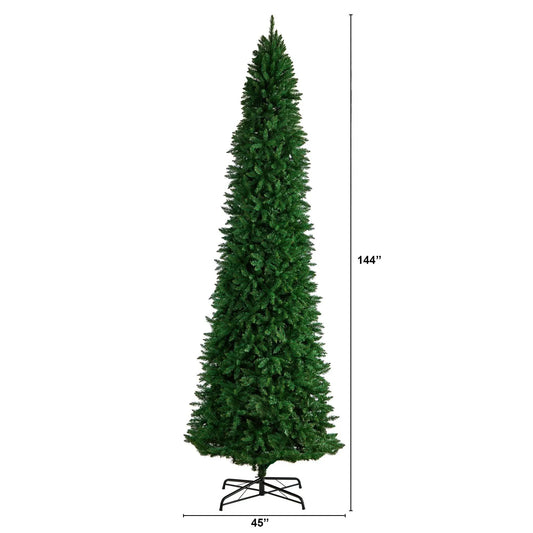 12 ft Slim Green Mountain Pine Christmas tree by Nearly Natural with bendable branches on Tampa Home & Garden Store