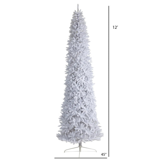 Slim White Twelve Feet Artificial Christmas Tree by Nearly Natural with flocked branches on Tampa Home & Garden Store