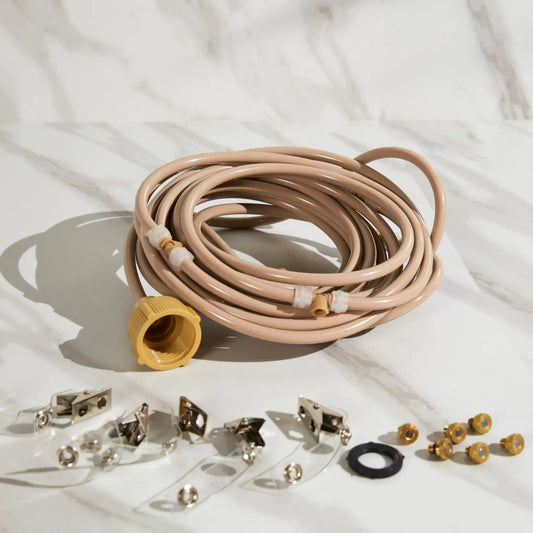 Preassembled Outdoor Mist Kit 12 ft Orbit Irrigation with beige tubing and brass fittings on Tampa Home & Garden Store
