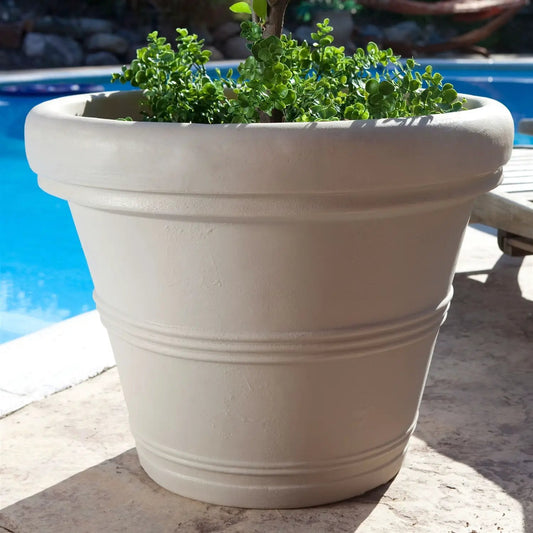 Round planter in weathered concrete poly resin with green foliage by pool, 12-inch diameter on Tampa Home & Garden Store