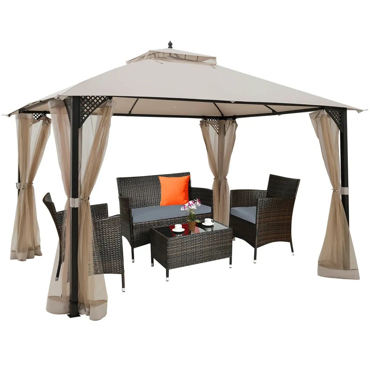 12x10 ft Outdoor Gazebo with Netting Brown with beige curtains and dark wicker seating set on Tampa Home & Garden Store
