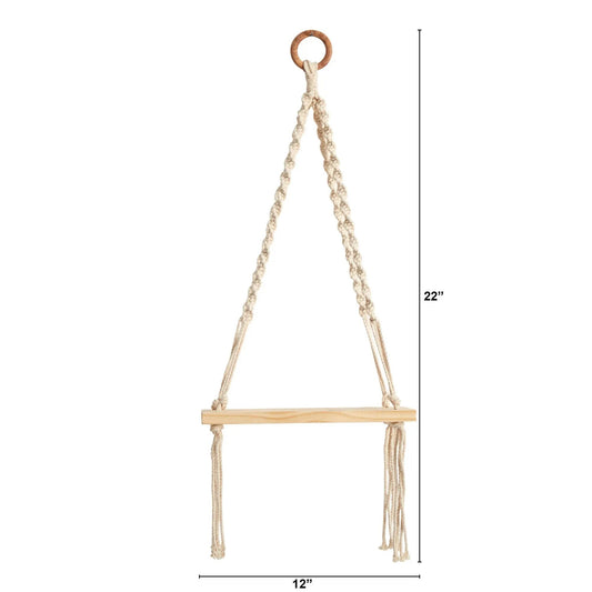 12” x 22” Hand Woven Macrame Wall Hanging with Wooden Shelf - Tampa Home & Garden Store