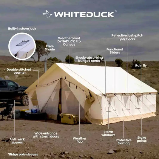 Alpha 12x14 4-Season Wall Tent White Duck Outdoors cream canvas with wide entrance on Tampa Home & Garden Store