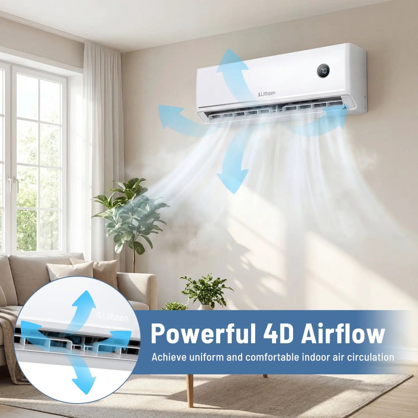 White Lithzen 12000 BTU mini split air conditioner mounted on wall Alexa-compatible on Tampa Home & Garden Store