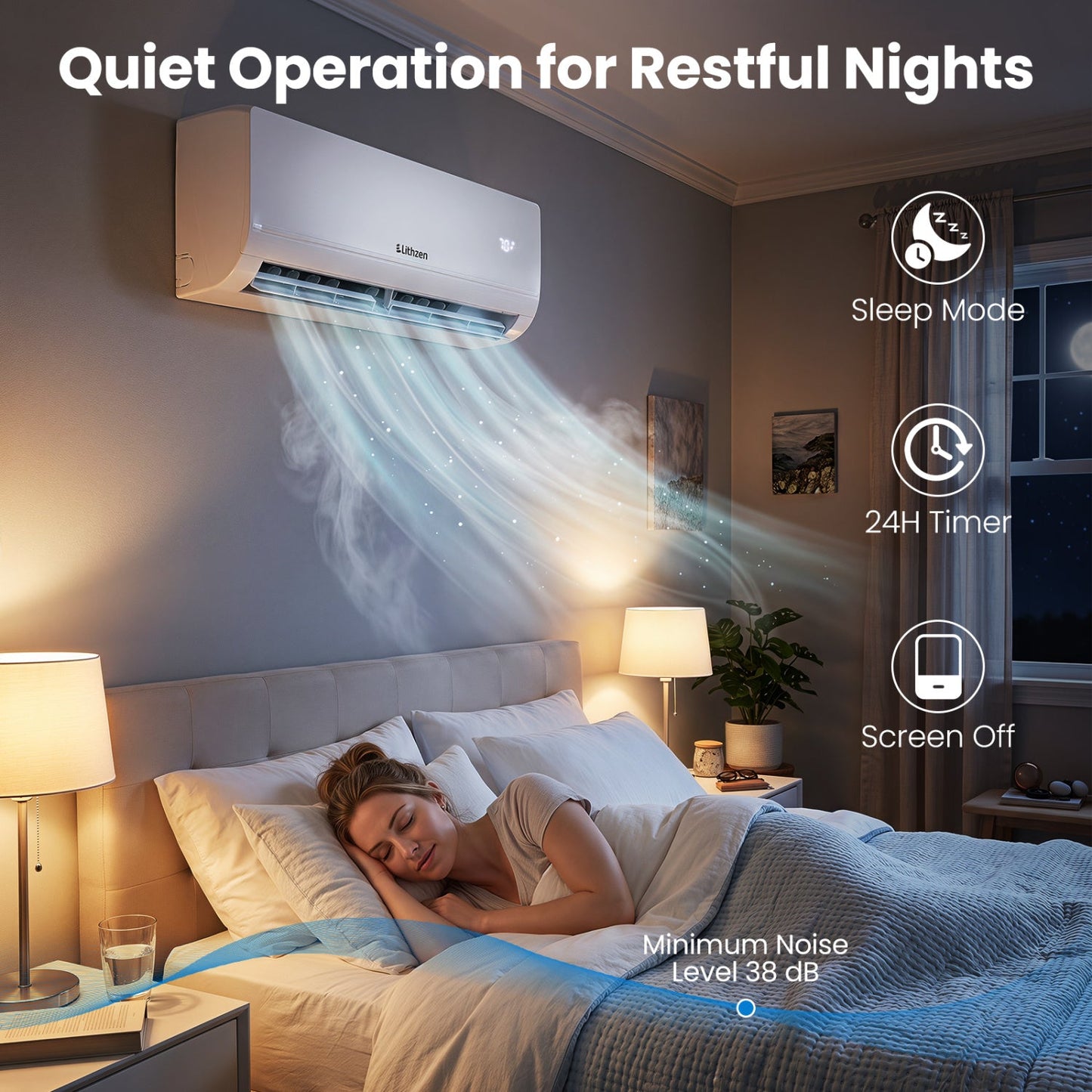 12000 BTU mini split system with WiFi by DirectDeals, white wall unit above bed on Tampa Home & Garden Store