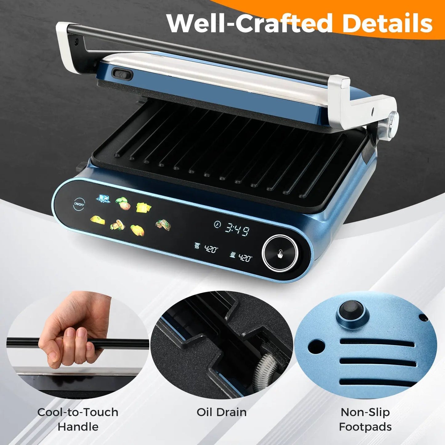 1200W Panini Press Grill with LED Display and 7 Grilling Modes-Blue - Tampa Home & Garden Store