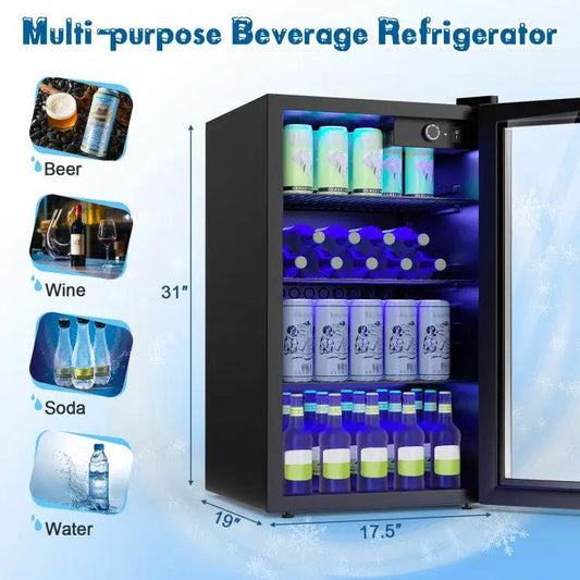 120-Can Beverage Fridge for Home Use DirectDeals, black cabinet with glass door and blue LED on Tampa Home & Garden Store