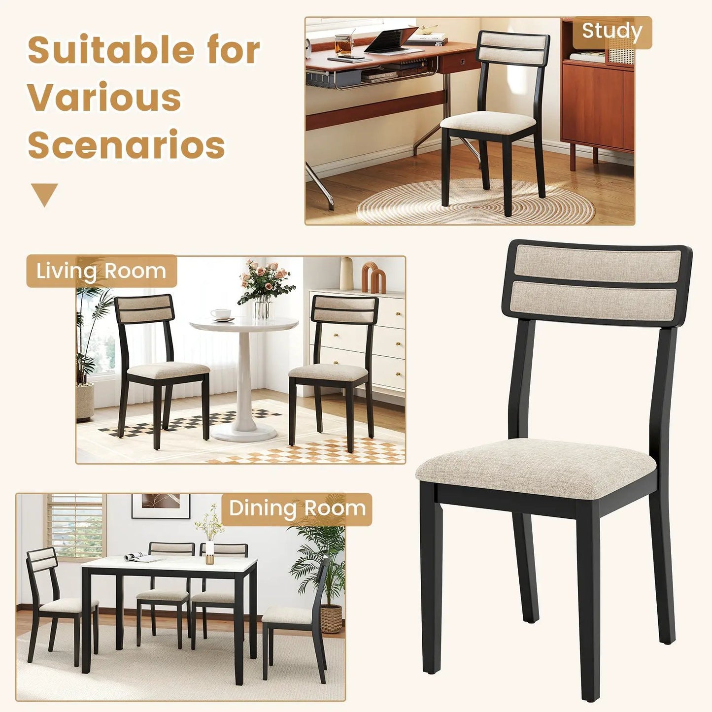 Modern Dining Chairs set of 4 with Tilt Backrest, black frames and beige upholstery on Tampa Home & Garden Store