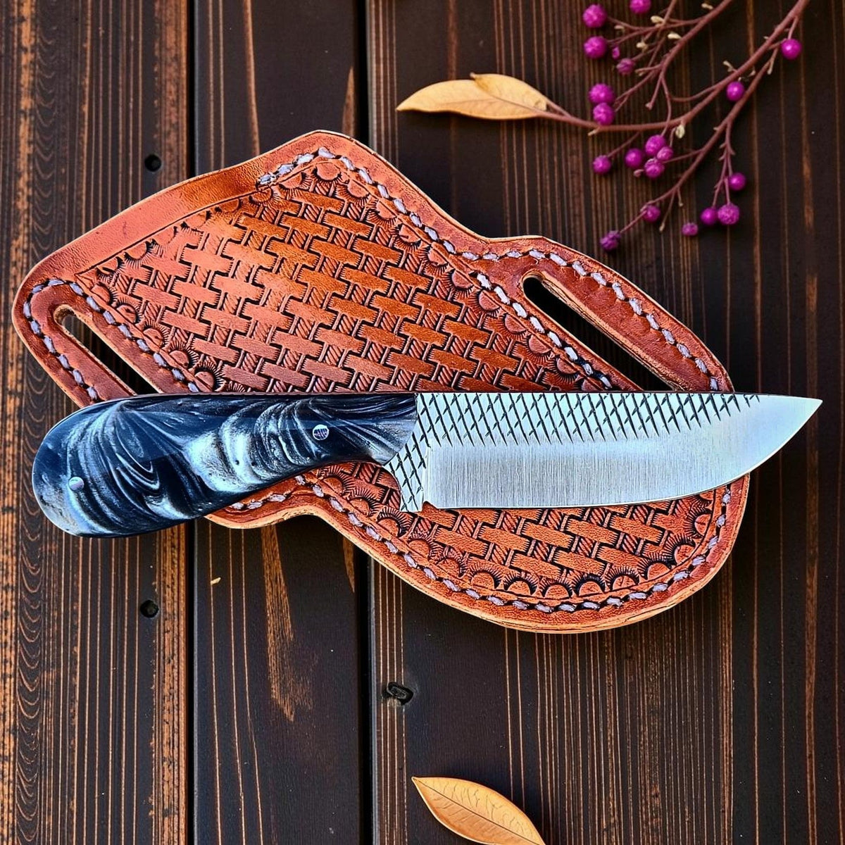 Dusty Trail rasp steel knife with blue epoxy resin handle and leather sheath Frontier Cowboy Gear on Tampa Home & Garden Store