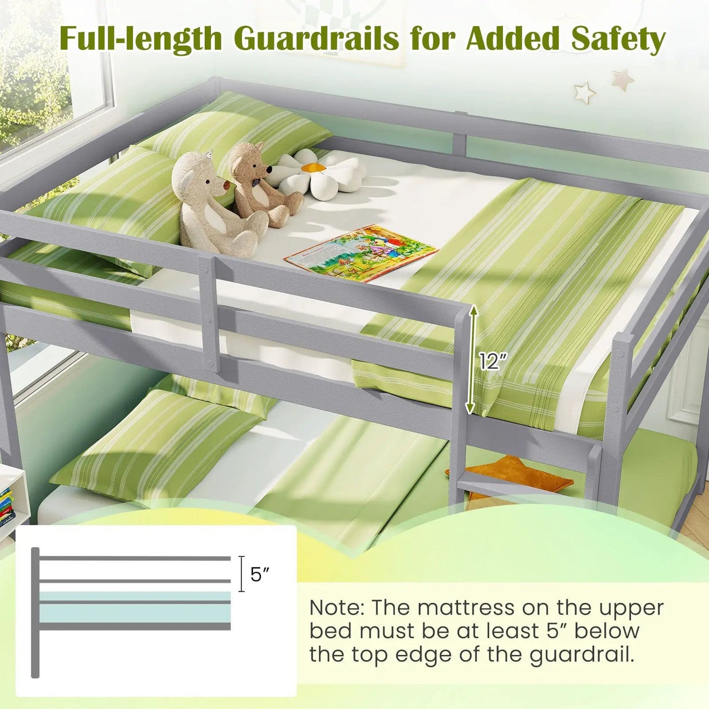 Full over full bunk bed with low-to-ground gray frame and green striped bedding on Tampa Home & Garden Store