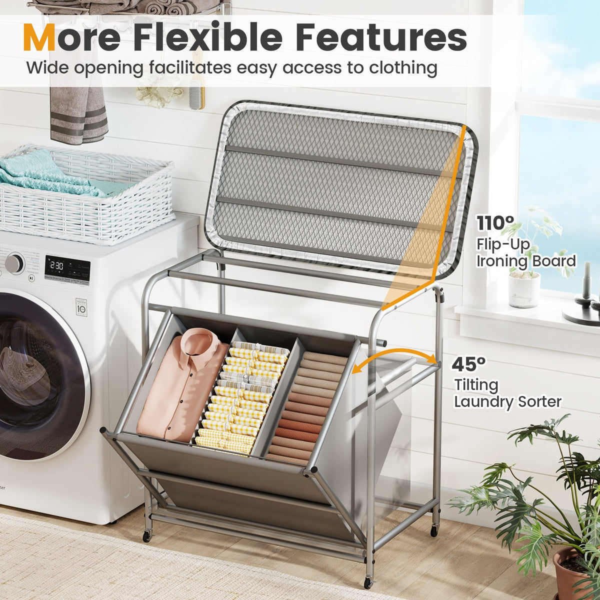 DirectDeals gray 3-section laundry sorter with foldable ironing board and lockable wheels on Tampa Home & Garden Store