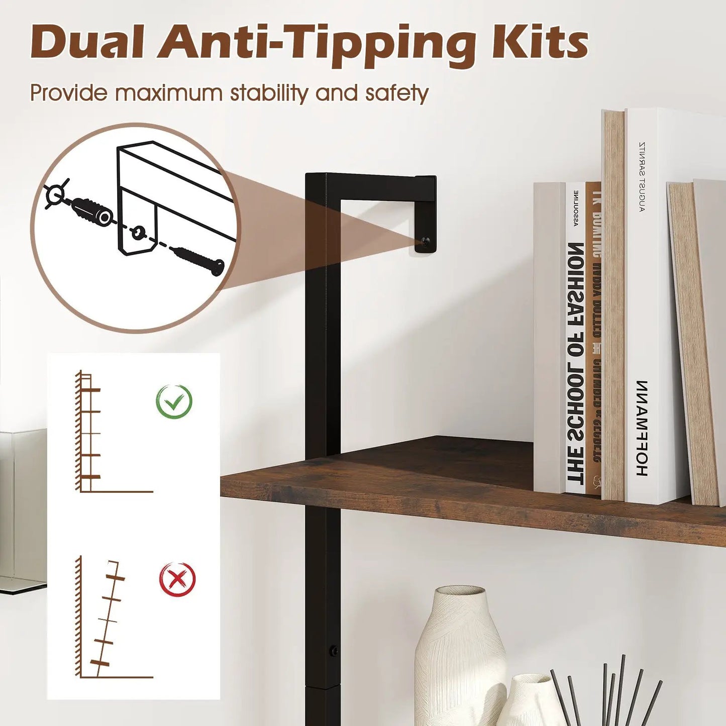 Rustic Brown 5-Tier Wall Mount Ladder Shelf with wood shelves and black metal frame DirectDeals on Tampa Home & Garden Store
