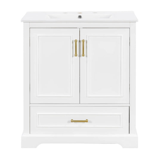 White vanity with sink, 1 divided drawer and 2 doors gold pulls by Unique Piece Furniture on Tampa Home & Garden Store
