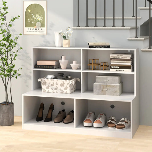 Entryway shoe cabinet white wood with anti tipping kits; shoes stored in cubbies on Tampa Home & Garden Store